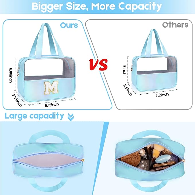 Personalized Initial Clear Makeup Bag Blue Cosmetic Bag Set Large Travel Toiletry Bag, Cute Clear Make Up Bags Organizer Bag for Girlfriend Teacher Gifts Teen Girl Gifts Trendy Stuff J (Blue)