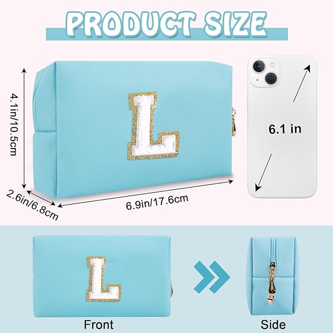 Personalized Initial Preppy Makeup Bag Organizer, Small Blue Cute Travel Cosmetic Bag Toiletry Zipper Pouch for Women, Portable Waterproof PU Make Up Case Birthday Gifts for Friends Teacher(Letter L)