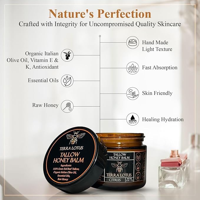 Organic Grass-Fed Beef Tallow Balm with Raw Honey - Moisturizing Cream for Soft, Smooth Skin - Handmade All-Natural Moisturizer (2 Oz, Citrus)