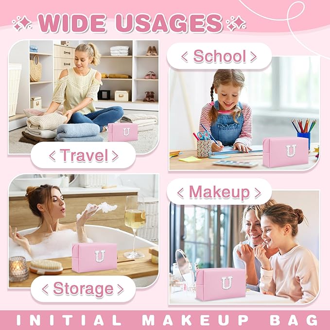 ChaoGreat Bride Gifts – Personalized Initial Makeup Bag with Pearl Rhinestone Patch, Preppy Pink Monogram Cosmetic/Toiletry Pouch, bridesmaid Gifts, Bridal Shower Gifts, Wedding Gifts, Bridal Gifts,U