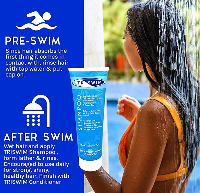 TRISWIM Chlorine Removal Shampoo 8.5oz | Removes Chlorine, Bromine, Hard Water Minerals & Saltwater| Hydrates & Restores Hair | Safe for Color-Treated Hair | Lime + Tropical Mango Scent