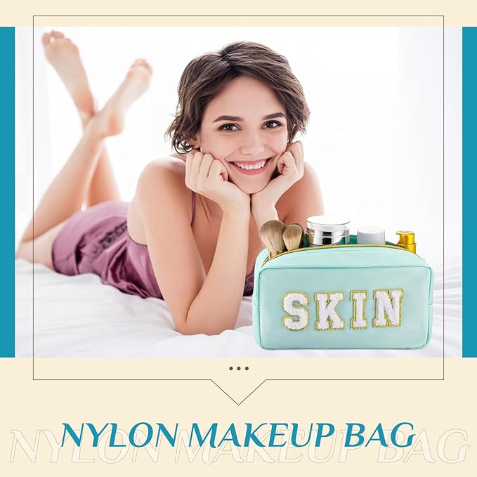 Cunno 4 Pcs Preppy Makeup Bags Chenille Letter Stuff Bag Nylon Cosmetic Pouch Cases with Zipper for Women Travel Toiletry