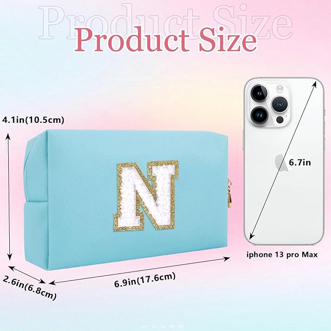 Small Personalized Letter Makeup Bag, Cute PU Leather Chenille Letters Cosmetic Bag Travel Makeup Pouch, Preppy Travel Organizer Zipper Pouch for Women&Girls（Blue-N）