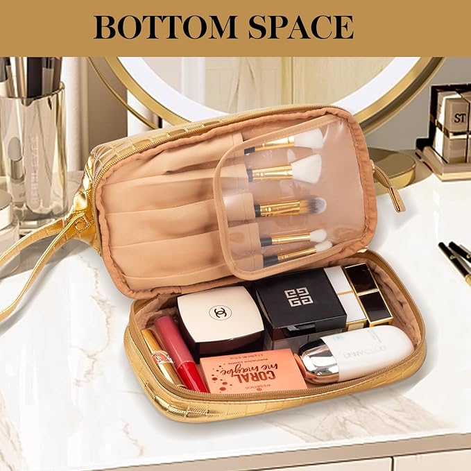 Abiudeng Large Capacity Makeup Bag Ladies Cosmetic Bag Travel Bag with Compartments Portable PU Leather Travel Makeup Bag with Handle
