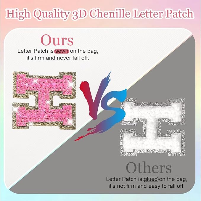 Small Personalized Glitter Initial Letter Makeup Bag, Cute PU Leather Chenille Letters Cosmetic Bag Travel Makeup Pouch, Preppy Travel Organizer Zipper Pouch for Women&Girls（WhiteRosePink-B）