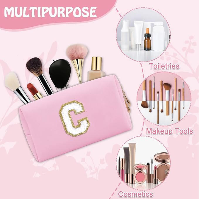 Personalized Initial Preppy Makeup Bag, Small Cute Pink Toiletry Pouch Monogram Cosmetic Travel Organizer with Zipper, PU Waterproof Glitter Make Up Bags Gift for Female Coworker Friends(Letter C)