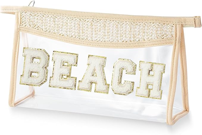 Clear Boho Patch Makeup Bag, Letter BEACH Cosmetic Bag, Transparent Travel Toiletry Bag, Waterproof Snacks Bag, Zipper Sunscreen Bag Gift for Women Girls (Beach)