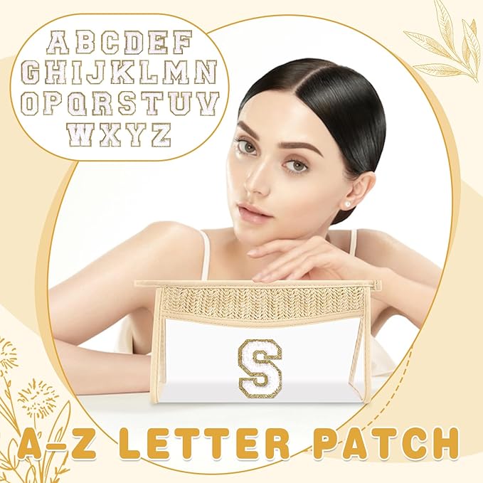 Personalized Initial Letter Bag Boho Straw Clear Makeup Bag,Small Cute Chenille Varsity Letter Bag With Zipper,Beach Travel Toiletry Bag,Portable Monogrammed Cosmetic Bag for Women Girls,S