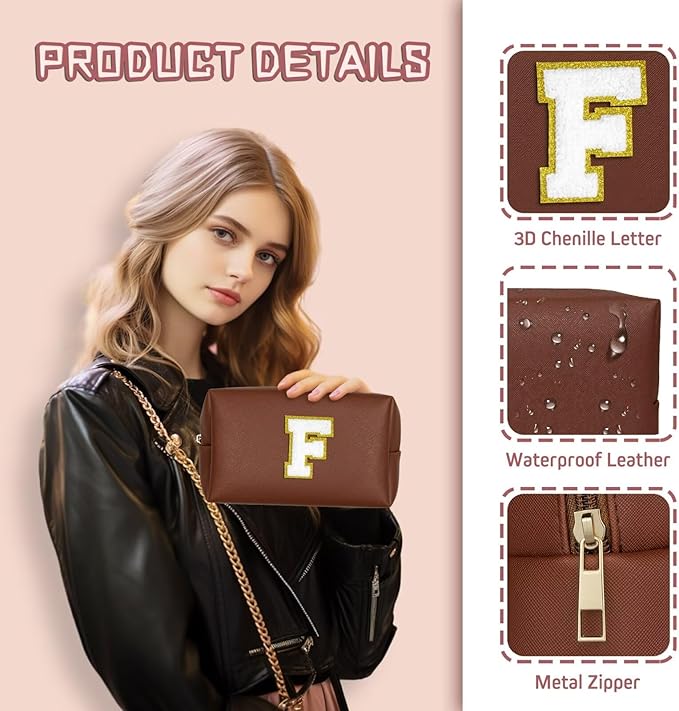 TOPEAST Birthday Gifts for Girls, Travel Makeup Bag Chenille Letter Pouch Cosmetic Bag, Makeup Travel Organizer, Monogrammed Bridesmaid Gifts for Women, Cute Stuff for Girls (Brown J)