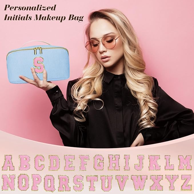 Personalized Initial Makeup Bag,Christmas Gifts for Girl,Preppy Bag Cosmetic Travel Bag Women,Travel Toiletry Organizer,Large Capacity Corduroy Stuff Bag,Cute Cosmetic Pouch Skincare Bag-U