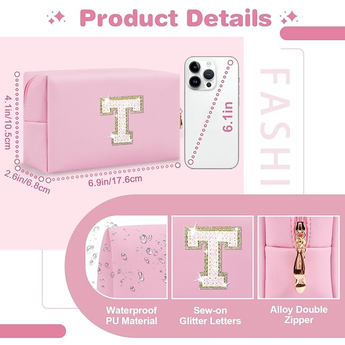 Small Personalized Initial A-Z Patch Makeup Bag,Pink Cute PU Leather Glitter Letter Cosmetic Bag for Teen Girls,Travel Toiletry Bag with Zipper,Preppy Monogrammed Birthday Gift for Daughter Niece T