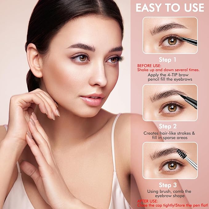 Eyebrow Pencil,2-in-1 Waterproof Eyebrow Pen with 4 Tip Brow Pen and Ultra-Precise Brow Pencil,with Dual-ended Eyebrow Brush,Eyebrow Makeup for Natural Looking Eyebrows-Soft Brown