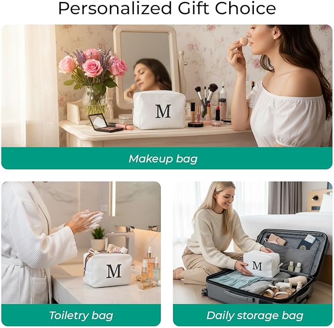Personalized White Waffle Makeup Bag,Custom Embroidered Initial Cosmetic Pouch for Women,Monogrammed Cosmetic Case,Bridesmaid Gifts (M)