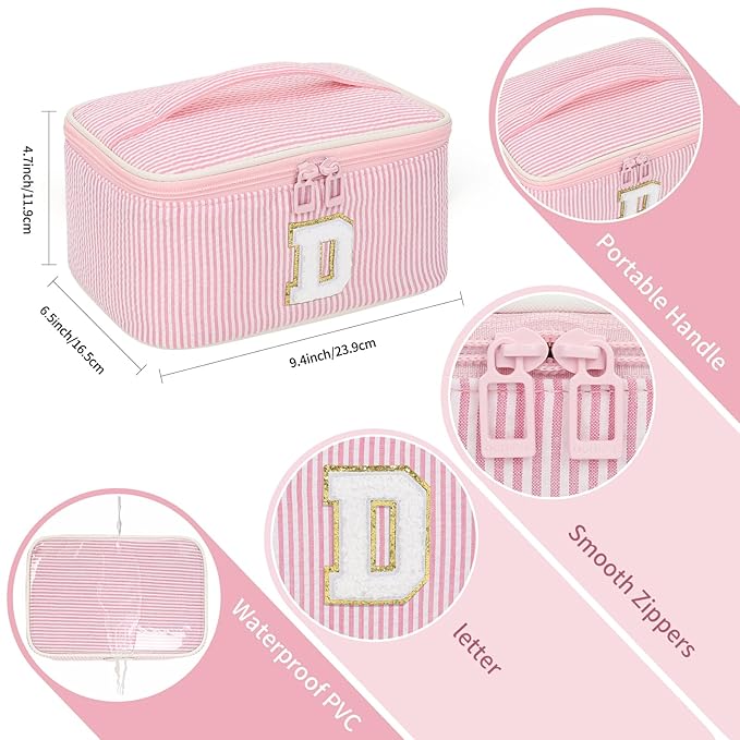 OCHEAL Makeup Bag for Women, Monogram Cosmetic Bag with Brush Holder, Pink Travel Makeup Case Beauty Toiletry Bag Organizer Personalized Gifts for Girls Bridesmaid, Sister, Wife, Friends Initial D