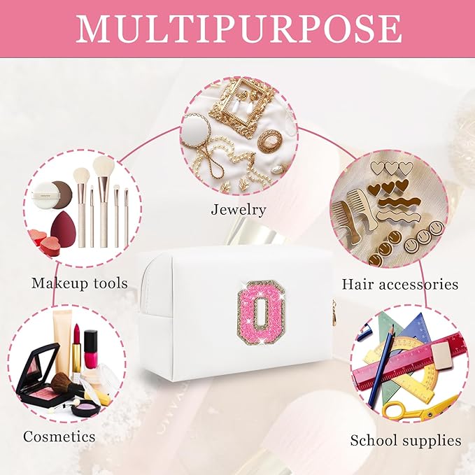 Personalized Initial Makeup Bag, Glitter Letter Patch Cosmetic Pouch, Preppy Organizer PU Waterproof Travel Toiletry Bag, Monogrammed Birthday Gift for Women Girls (Letter O)