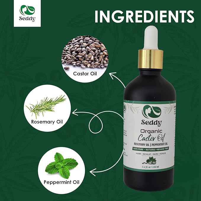 Seddy Organic Castor Oil with Rosemary & Peppermint in Dark Glass Bottle - Cold Pressed | Hexane-Free | Scalp, Hair, Eyelashes, Eyebrows, Skin, & Nails | Hair Treatment Oil - 3.4 Fl. Oz