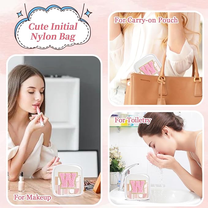 Mini Clear Personalized Initial Makeup Bag, Small Preppy A-Z Chenille Letter Patch Cosmetic Pouch, Transparent PVC & Nylon Waterproof Zip Beach Toiletry Bag,Gift for Women Girls(White-Pink W)