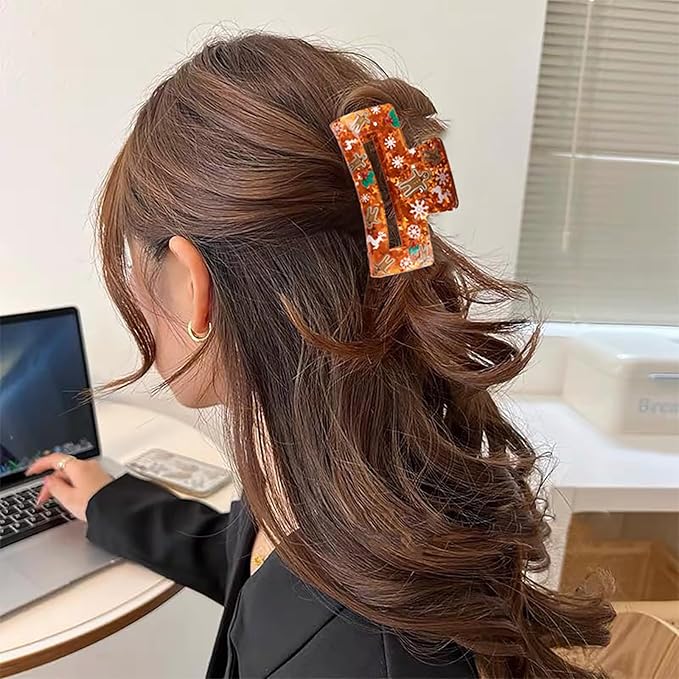 Christmas Hair Clips, Square Hair Claw Clips for Thick/Thin Hair, Orange-Red Glitter Gingerbread Man Snowflake Design Medium Claw Clips, Strong Hold & Non-Slip Hair Styling Accessories for Xmas 1PCS