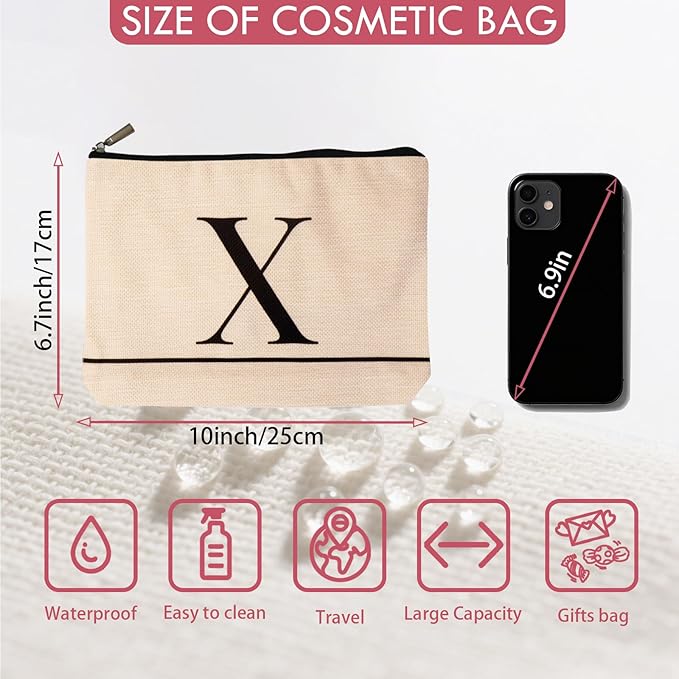 Letter A-Z Initial Personalized Makeup Bags, Birthday Gifts for Women, Monogrammed Gifts for Women Mom Sister Best Friend Bride Bridesmaid, Mothers Day, Christmas, Small Travel Cosmetic Bag (X)