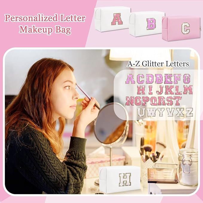 Small Personalized Glitter Initial Letter Makeup Bag, Cute PU Leather Chenille Letters Cosmetic Bag Travel Makeup Pouch, Preppy Travel Organizer Zipper Pouch for Women&Girls（White-H）
