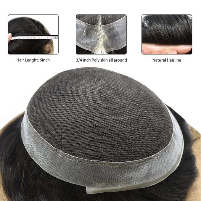 FACE MIRACLE Lace Front Mens Toupee Human Hair System Swiss Lace Center Toupee for Men Thin Skin PU Around Hair Replacement System V-Looped Mens Hair Wig Units 6"X9" 1#JET BLACK