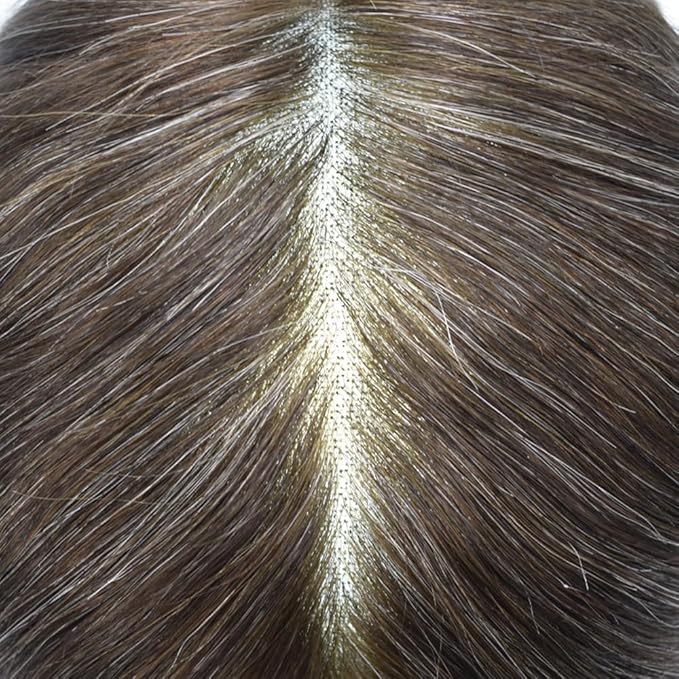 Toupee for Men French Lace Center Human Hair Replacement Systems Transparent Lace Center Hair Piece Mens Toupee Hair Units for Man V-Looped Front 8"X10" #340 3# DARK BROWN WITH 40% SYNTHETIC GREY