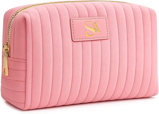 Monogrammed Make Up Bags for Women,Personalized Cosmetic Bags Women,Small Quilted Makeup Pouch,Cute Makeup Bag Travel,Birthday Gifts for Teen Girl (Pink S)