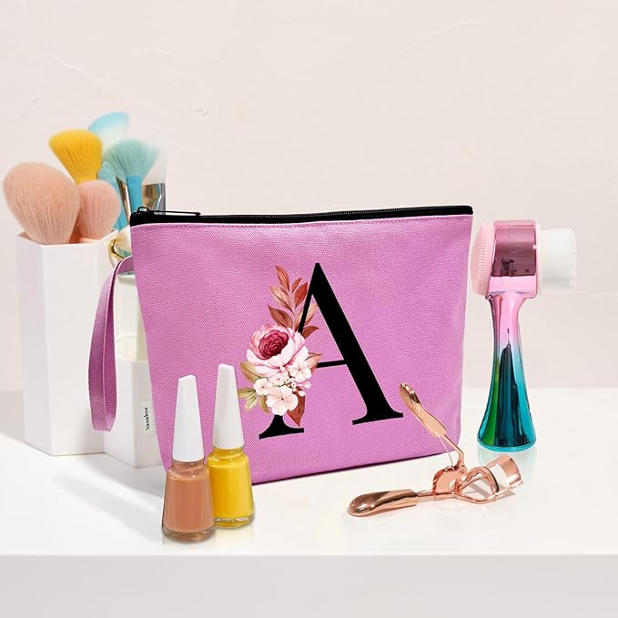 Vavabox A-Z Personalized Makeup Bag, Birthday Gifts for Women Mom, Gifts for Best Friend, Bride Bridesmaid Cosmetic bag (D, Purple)