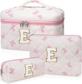 Initial Makeup Bag Set, Personalized Quilted Makeup Bag, Large Floral Cosmetic Bag for Women, Cute Cotton Custom Make up Bags, Flower Travel Toiletry Bag Teen Girl Gift Pink Butterfly E