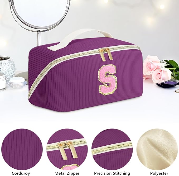 Personalized Initial Makeup Bag,Christmas Gifts for Girl,Preppy Bag Cosmetic Travel Bag Women,Travel Toiletry Organizer,Large Capacity Corduroy Stuff Bag,Cute Cosmetic Pouch Skincare Bag-O