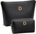 Women Gifts | Initial Makeup Bag Set for Girl Personalized Gifts for Bridesmaid Friend Graduation Teachers PU Leather Cosmetic Travel Toiletry Bag(Black,D)