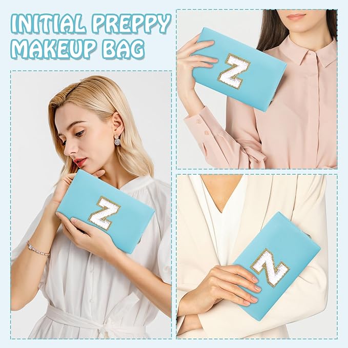 Small Initial Preppy Makeup Bag, Personalized Cute Blue Cosmetic Organizer Chenille Letter Travel Toiletry Zipper Pouch for Purse, Waterproof PU Make Up Case Birthday Gifts for Women Friend(Letter Z)
