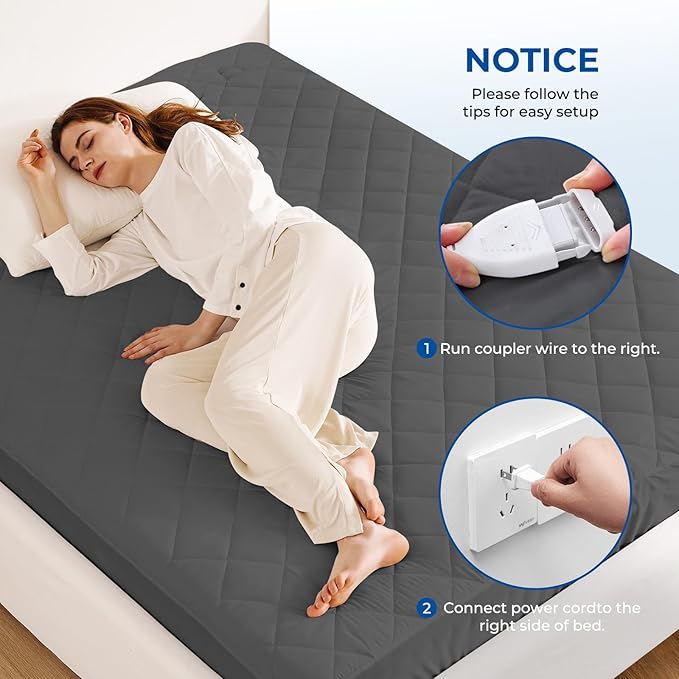 Heated Mattress Pad Twin Size Quilted Heating Electric Bed Warmer Luxury Comfort Heat Mattress Pad Cover Single Controller（10 Heat Setting | 1-12 Hours Auto Shut Off | with 8-21 Inch Deep Pocket）Gray