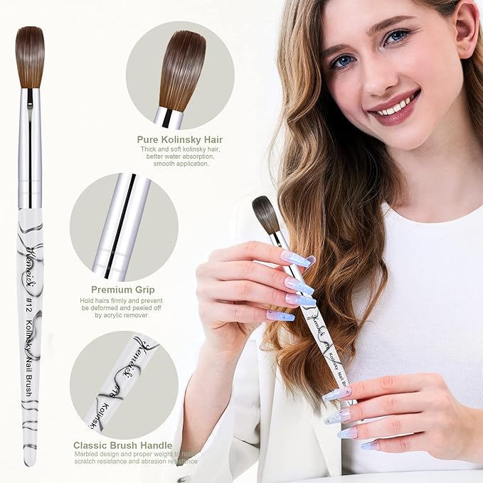 Acrylic Nail Brush Size 12,KEMEISI 100% Pure Kolinsky Nail Art Brushes Sturdy Marble Handle Oval Shaped Acrylic Powder Nail Design Tools for Professional Manicure DIY Home Salon (White)