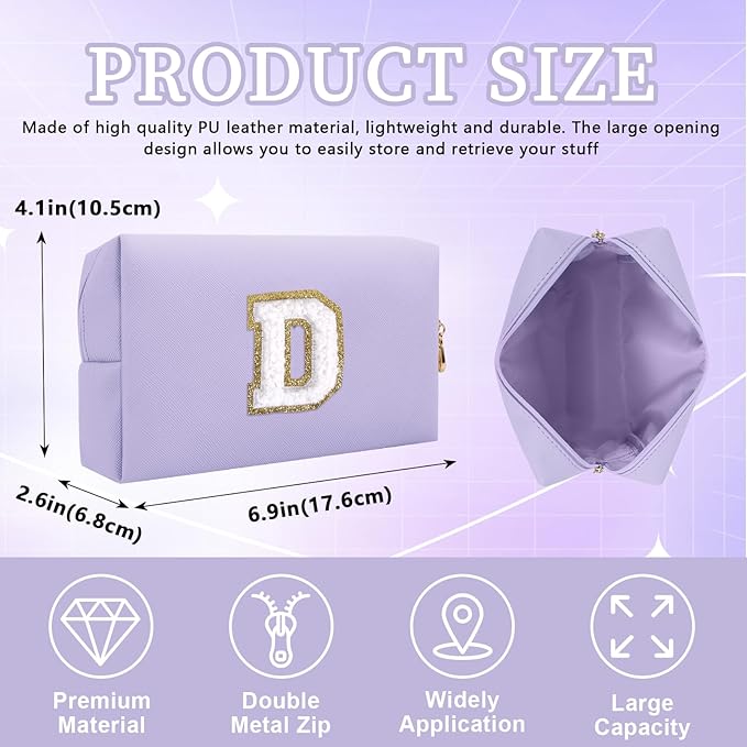 Iqimott Personalized Initial Letter Patch Makeup Bag, Preppy Small Chenille Letter Cosmetic Bag with Zipper, PU Leather Waterproof Travel Toiletry Bag Monogram Make Up Pouch for Women Girls(Letter D)