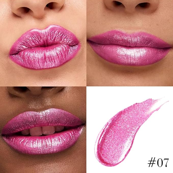 evpct Hot Pink Metallic Glitter Lip Liner and Lipstick Combo Lip Gloss Stain Set Makeup for Women Long Lasting Waterproof 24, Rose Pink Frosted Metallic Shimmer Glossy iridescent Liquid Lipstick 07
