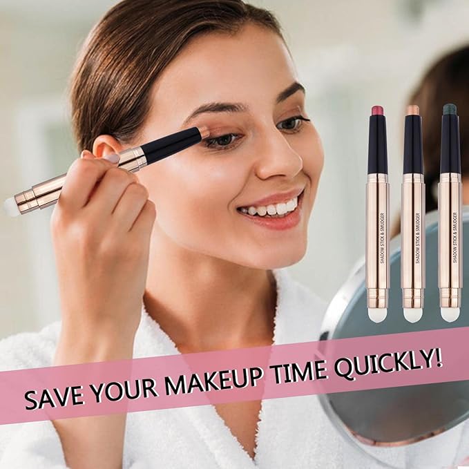 Rose Gold Eyeshadow Stick and Sponge Brush Cream Shimmer Smooth Eyeshadow Pencil Hypoallergenic Waterproof Eye Shadow Eyeliner Highlighter Stick Primer Palette Glitter Liquid Nude Korean Matte