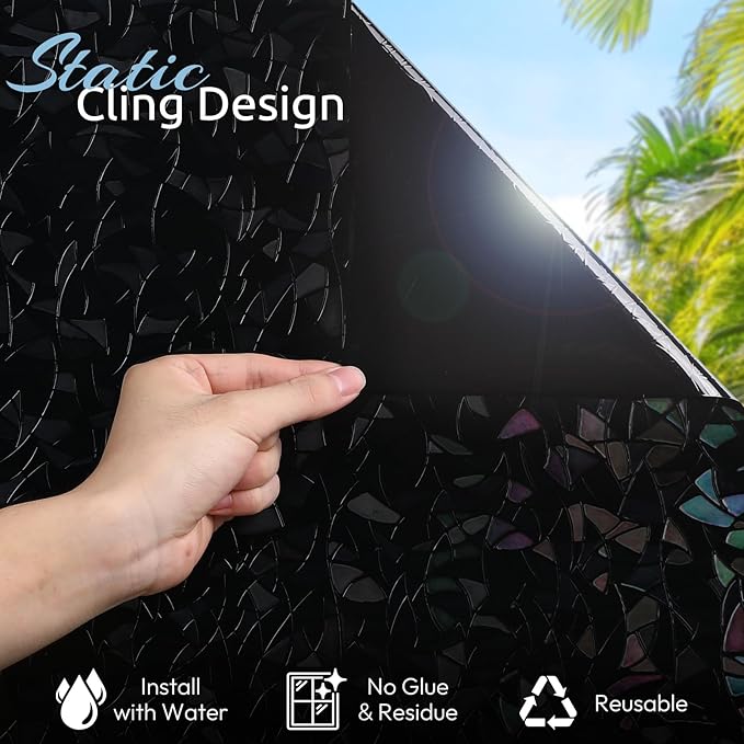 rabbitgoo Window Privacy Film Rainbow Film Decorative Window Sticker, 3D Static Stained Glass Cling Tint for Room Darkening Day Sleep, Black, 35.4 x 157.4 inches
