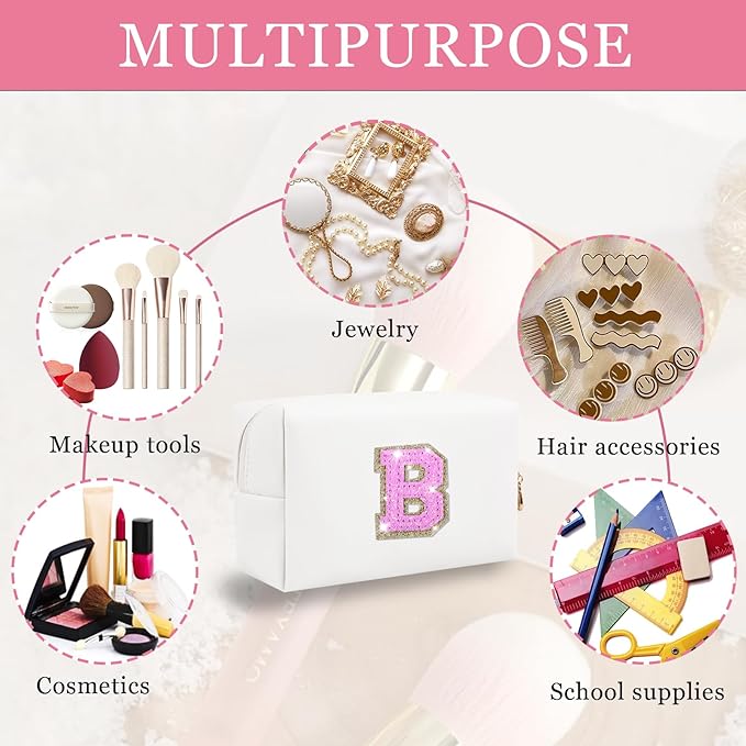 Personalized Initial Letter Makeup Bag, Preppy Glitter Letter Patch Cosmetic Pouch Zipper,PU Waterproof Travel Toiletry Bag Cute Makeup Organizer Monogrammed Make Up Bag,Gift for Women Girls(Letter B)