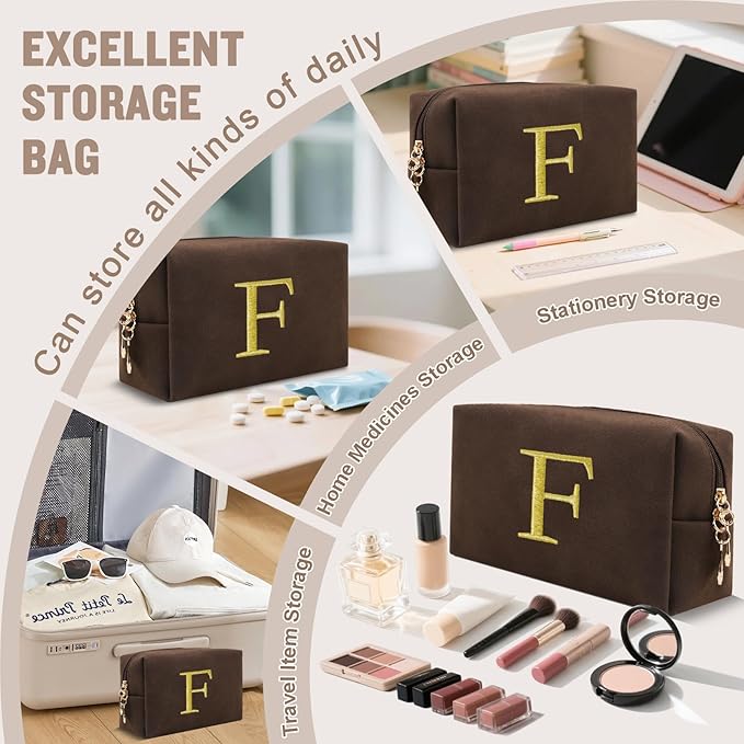 Personalized Initial Makeup Bag,Preppy Suede Cosmetic Bag for Teen Girls,Small Monogram Travel Toiletry Bag With Gold Embroidered Letter,Trendy Stuff Custom Christmas Gift for Women(Coffee-F)