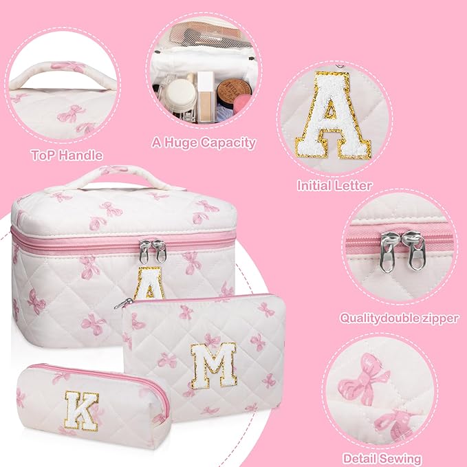 Initial Makeup Bag Set, Personalized Quilted Makeup Bag, Large Floral Cosmetic Bag for Women, Cute Cotton Custom Make up Bags, Flower Travel Toiletry Bag Teen Girl Gift Pink Butterfly E