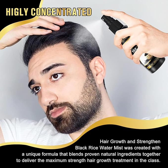 Organic Black Rice Water Spray for Hair Growth, A Solution with Castor Oil & Ginger Root Extract for Thicker, Fuller Hair, Targets Hair Loss and Repairs Damage 200ml/6.4 fl.oz (2 PC)