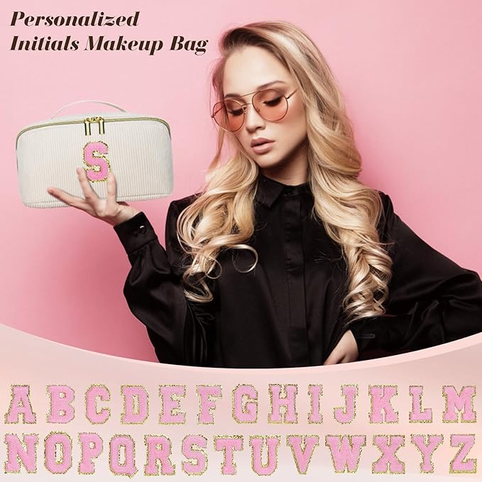 Personalized Initial Makeup Bag,Christmas Gifts for Girl,Preppy Bag Cosmetic Travel Bag Women,Travel Toiletry Organizer,Large Capacity Corduroy Stuff Bag,Cute Cosmetic Pouch Skincare Bag-W