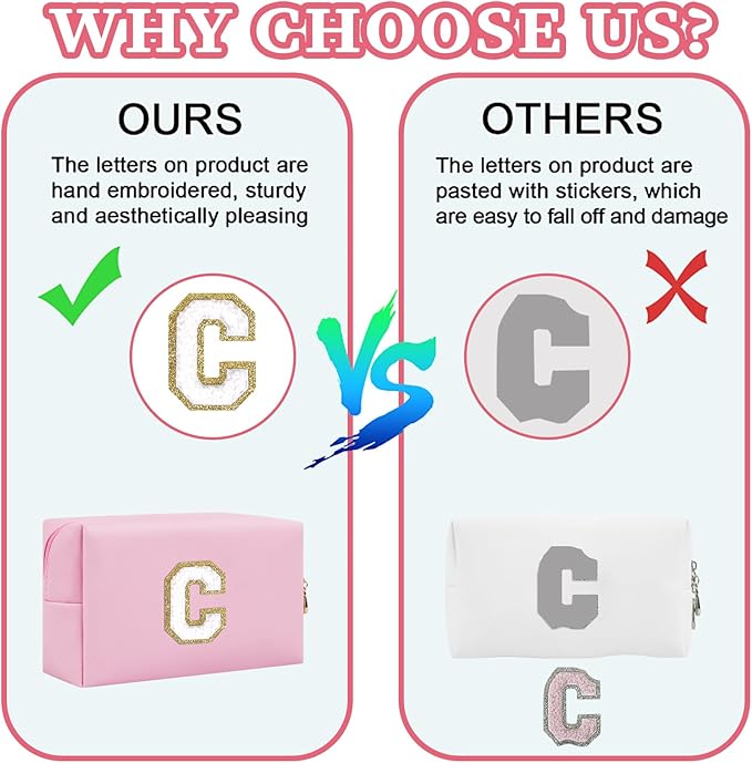 Iqimott Personalized Initial Letter Patch Makeup Bag, Preppy Portable Chenille Letter Cosmetic Bag with Zipper, PU Leather Waterproof Travel Toiletry Bag Monogram Make Up Pouch Girls(Letter M)