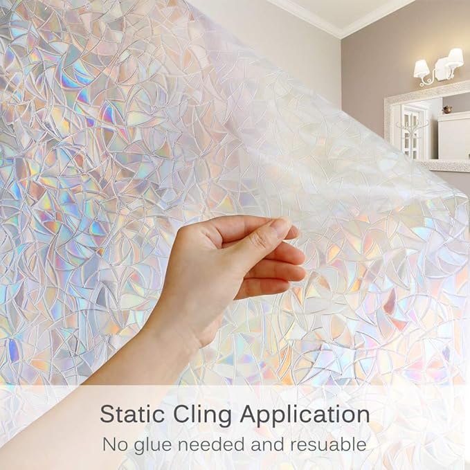 Volcanics Window Privacy Film with Installation Tools, Static Clings Vinyl 3D Decals, Stickers Rainbow Film for Glass Door Heat Control Anti UV 29.5 x 78.7 Inches