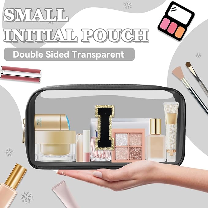 Small Clear Personalized Initial Makeup Bag,Nylon Preppy A-Z Chenille Letter Patch Cosmetic Pouch Beach Toiletry Bag,Waterproof Zipper Travel Purse Storage Bag Organizer for Women Girls(Black-Black I)
