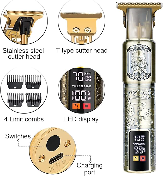 Hair Clippers for Mens Cordless Hair Trimmer T-Blade Trimmer Professional Haircut & Grooming Kit Rechargeable Clippers Hair Trimmer Shaver Cutting Kit with LCD Display (Figure-02)
