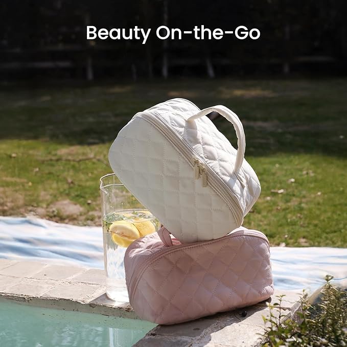 Makeup Bag for Woman, 180° Lay Flat Wide Open Makeup Bags, Large Fold out Washable Cosmetic Case, Quilted Puffy Toiletry Bags for Toiletries (Green)