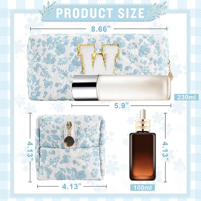 Personalized Quilted Cosmetic Bag, Puffy Monogrammed Christmas Birthday Gifts for Women & Girls, Cute initial Floral Makeup Bag Puffer Coquette Bag, Aesthetic Travel Toiletry Zipper Pouch(Blue,W)