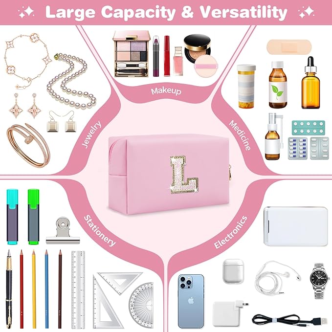 Small Personalized Initial A-Z Patch Makeup Bag,Pink Cute PU Leather Glitter Letter Cosmetic Bag for Teen Girls,Travel Toiletry Bag with Zipper,Preppy Monogrammed Birthday Gift for Daughter Niece L
